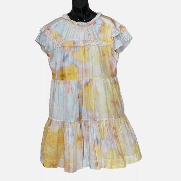 Marie Oliver Silk Blend Watercolor Flutter Sleeve Tiered Dress Women's size L - Picture 2 of 9